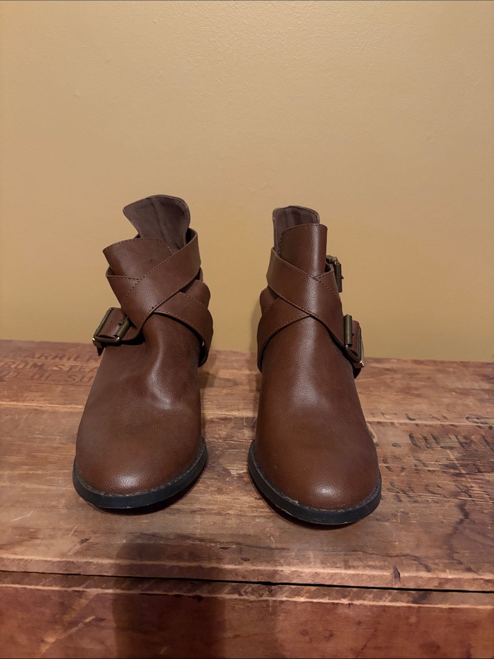 Women's Brown Leather Wrap Buckle Ankle Boots